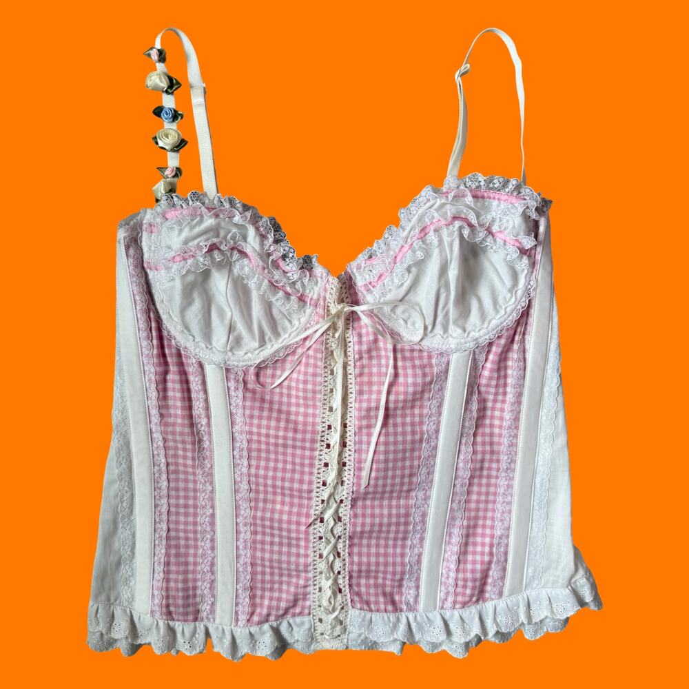 00's vintage gingham eyelet lace corset top y2k lingerie set Size 34 S/M - Picture 2 of 10